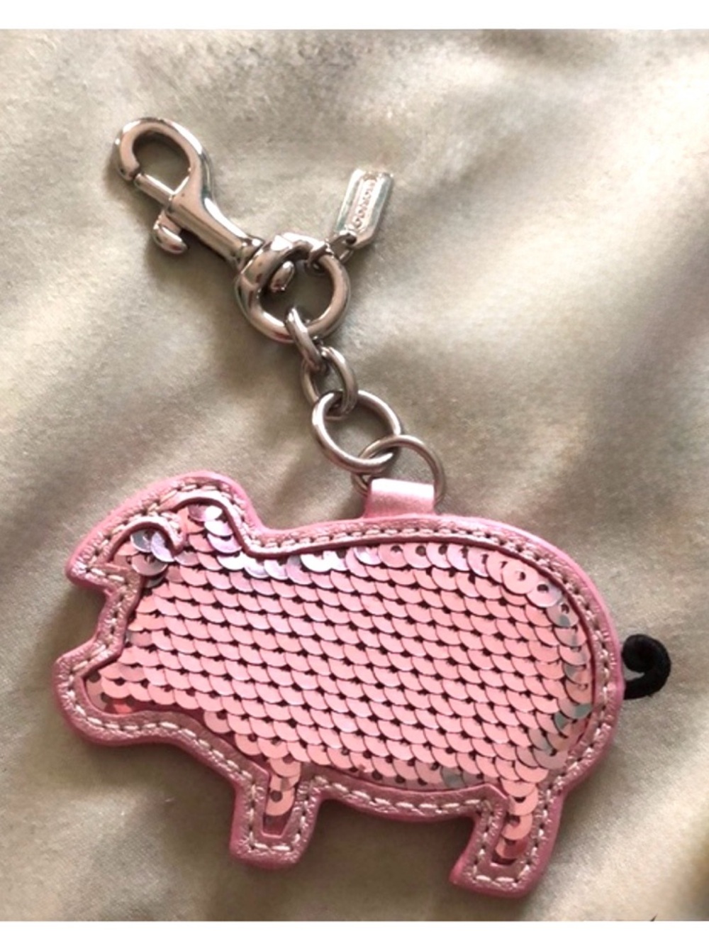 Coach Poppy Pig Bag Charm Keychain with Silver Hardware Pink Sequin - New in Bag - Picture 4 of 15